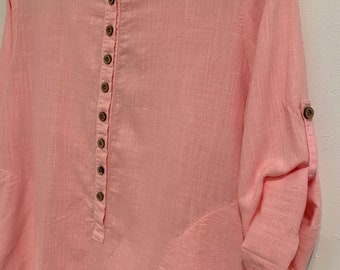 Women Linen buttoned pink pocket Shirt for Summer, 100% organic linen long sleeve color / Gift/Mother's Day Gift