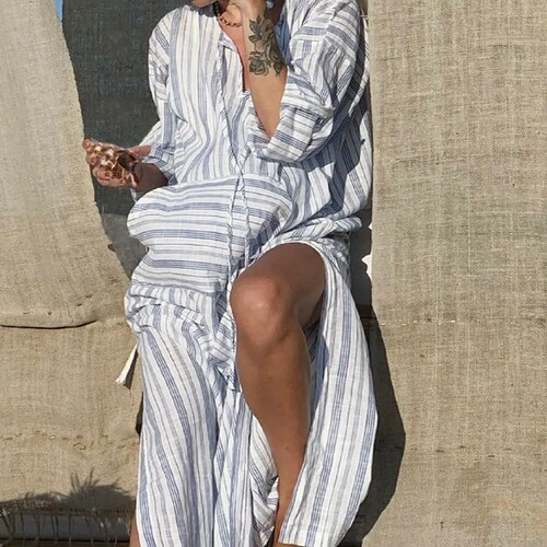 Beach kaftan shops cotton Dress, Long Sleeve Beach Cover up ,caftan beach cover up, striped shirt dress, long lounge wear, Gift for her