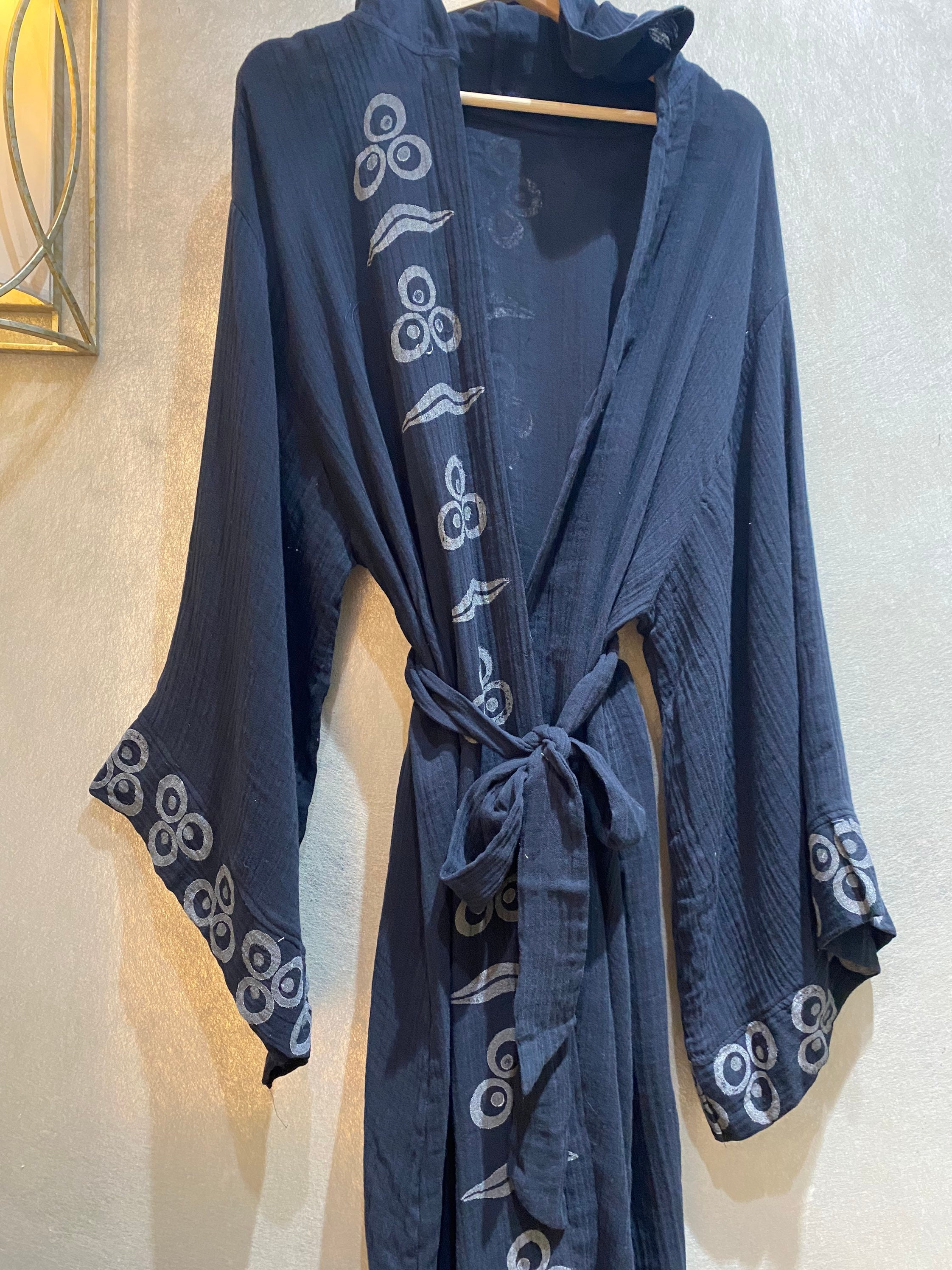 Men's Muslin Robe Black Muslin Mens Hooded Robe, Turkish Cotton Hooded Kimono Robe ...