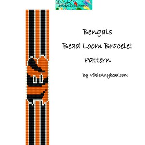 May include: A bead loom bracelet pattern featuring the Bengals logo. The pattern is black, orange, and white. The pattern is for a bracelet that is made with beads.