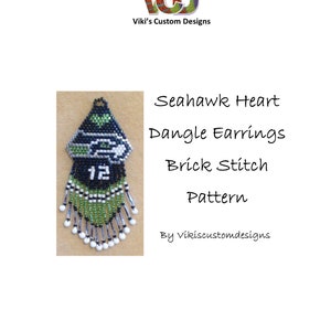 May include: A beaded earring pattern for a Seahawks heart dangle earring. The pattern is made with brick stitch and includes the team's colours of green, blue, black, and white. The pattern also includes the team's number 12.