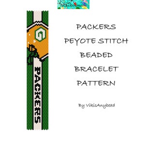 May include: Green and gold beaded bracelet pattern for the Green Bay Packers. The pattern is for peyote stitch and includes the team logo.