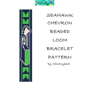 May include: A beaded loom bracelet pattern featuring a chevron design in the colours of the Seattle Seahawks. The pattern is titled "Seahawk Chevron Beaded Loom Bracelet Pattern" and is by "vikisAnybead".