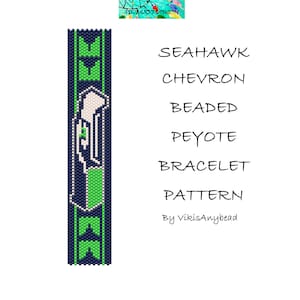 May include: A beaded peyote stitch bracelet pattern featuring a green and blue chevron design with the text "Seahawk Chevron Beaded Peyote Bracelet Pattern by vikisAnybead".