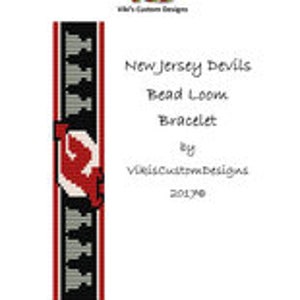 May include: A bead loom bracelet pattern for the New Jersey Devils hockey team. The pattern features the team's logo in red and white, with black and gray stripes on either side.
