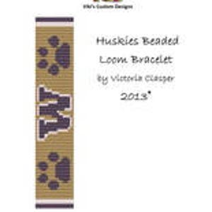 May include: A beaded loom bracelet with a brown background and purple accents. The bracelet features a paw print design and the letters "W" and "M" in a stylised font. The text "Huskies Beaded Loom Bracelet" is printed on the image.