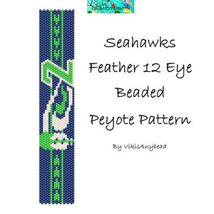 May include: A beaded peyote stitch pattern for a Seahawks feather design. The pattern is in green, white, and blue colors. The pattern is for a 12-eye bead.