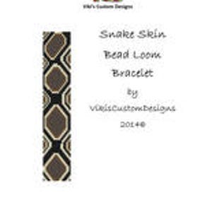 May include: A black and brown bead loom bracelet with a snake skin pattern. The bracelet is made with small, round beads and has a geometric design. The bracelet is called "Snake Skin Bead Loom Bracelet" and is by "Vogi's Custom Designs".