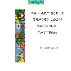 May include: A beaded loom bracelet pattern featuring a colourful scene with a blue sky, green trees, and yellow flowers. The pattern is titled "Fan Art Scene Beaded Loom Bracelet Pattern" and is by "vikisAnybead".