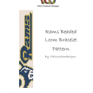 May include: A beaded loom bracelet pattern featuring the Los Angeles Rams logo in blue and gold colours. The pattern is for a beaded bracelet with the Rams logo and the text "Rams Beaded Loom Bracelet Pattern by vikiscustomdesigns".