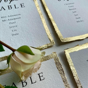 Cartões de plano de mesa em papel feito à mão com ou sem borda de folha de ouro, ouro rosa ou prata - Lista de nomes de plano de mesa - Plano de mesa de casamento