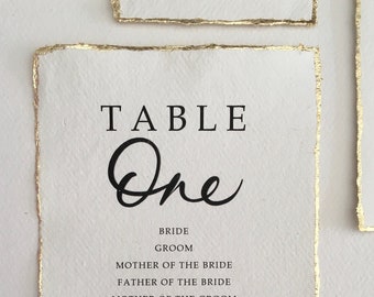 Tarjetas de plan de mesa en papel hecho a mano con borde de pan de oro, oro rosa o pan de plata - Lista de nombres de planes de mesa - Plan de mesa de bodas