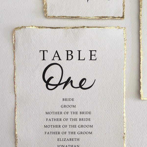 Table Plan Cards on Handmade Paper with Gold Leaf, Rose Gold or Silver Leaf Border - Table Plan Names List - Wedding Table Plan