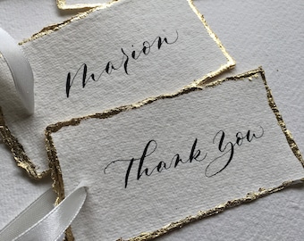 Custom Gift Tag with Gold Leaf and Custom Ribbon Colour - Personalised Tags on Handmade Paper - Hand Lettered Labels
