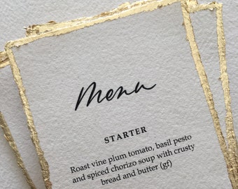 Menus on Handmade Paper with Gold Leaf - Silver Leaf - Rose Gold Edges - Calligraphy Wedding Menu