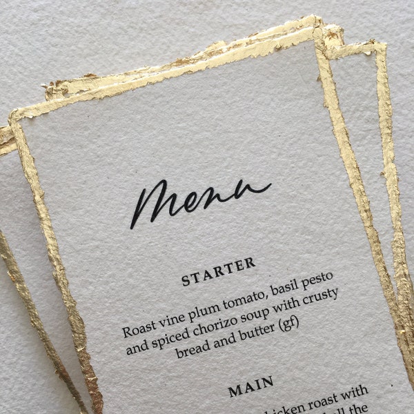 Menus on Handmade Paper with Gold Leaf - Silver Leaf - Rose Gold Edges - Calligraphy Wedding Menu