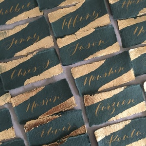 Wedding Place Cards on Green Handmade Paper with Gold Leaf Edges Handwritten Calligraphy Place Cards Name Cards Place Settings image 3