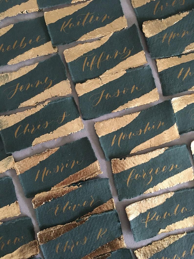 Wedding Place Cards on Green Handmade Paper with Gold Leaf Edges Handwritten Calligraphy Place Cards Name Cards Place Settings image 3