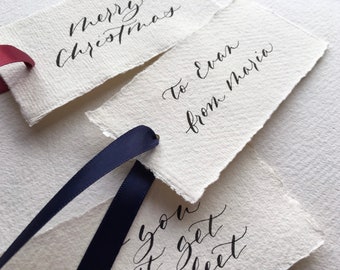 Custom Gift Tag with Custom Ribbon Colour - Personalised Tags on Handmade Paper - Hand Lettered Labels