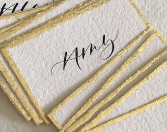 Wedding Place Cards on Handmade Paper with Straight Cut Edges and Gold Leaf - Handwritten Calligraphy - Place Cards - Name Cards