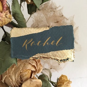 Wedding Place Cards on Green Handmade Paper with Gold Leaf Edges Handwritten Calligraphy Place Cards Name Cards Place Settings image 2