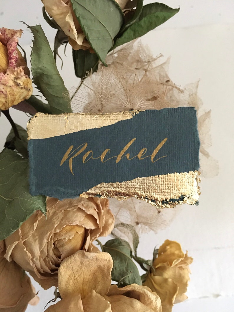 Wedding Place Cards on Green Handmade Paper with Gold Leaf Edges Handwritten Calligraphy Place Cards Name Cards Place Settings image 2