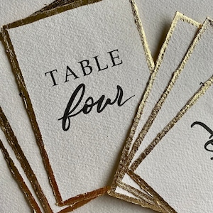 Table Numbers Printed on Handmade Paper with Gold, Silver or Rose Gold Leaf Border- Wedding Table Names and Numbers - Table Setting