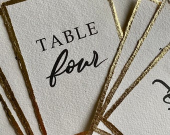 Table Numbers Printed on Handmade Paper with Gold, Silver or Rose Gold Leaf Border- Wedding Table Names and Numbers - Table Setting