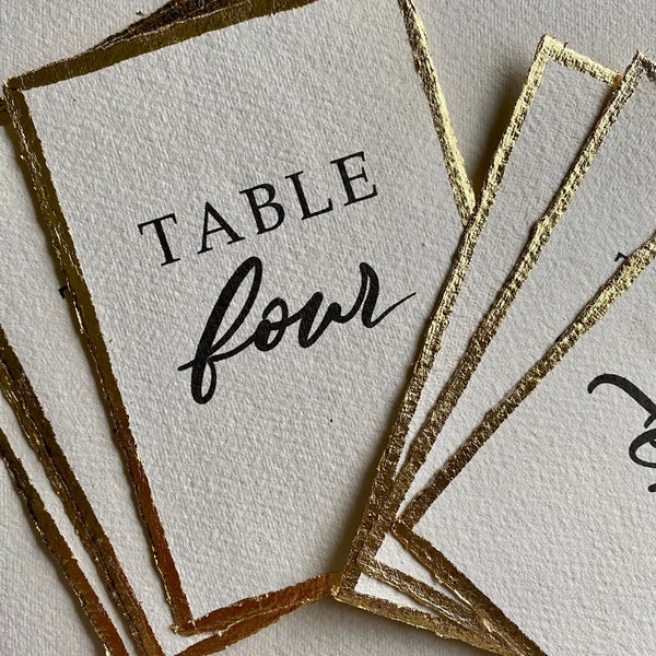 Table Numbers Printed on Handmade Paper with Gold, Silver or Rose Gold Leaf Border- Wedding Table Names and Numbers - Table Setting