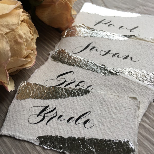 Wedding Place Cards on Handmade Paper with Silver Leaf Edges - Handwritten Calligraphy - Place Cards - Name Cards - Place Settings