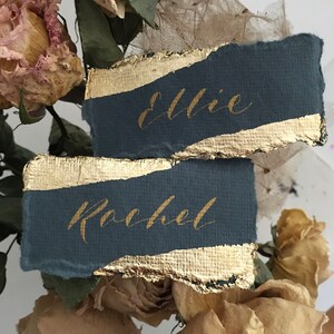 Wedding Place Cards on Green Handmade Paper with Gold Leaf Edges Handwritten Calligraphy Place Cards Name Cards Place Settings image 1