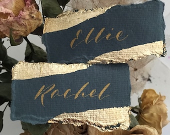 Wedding Place Cards on Green Handmade Paper with Gold Leaf Edges - Handwritten Calligraphy - Place Cards - Name Cards - Place Settings