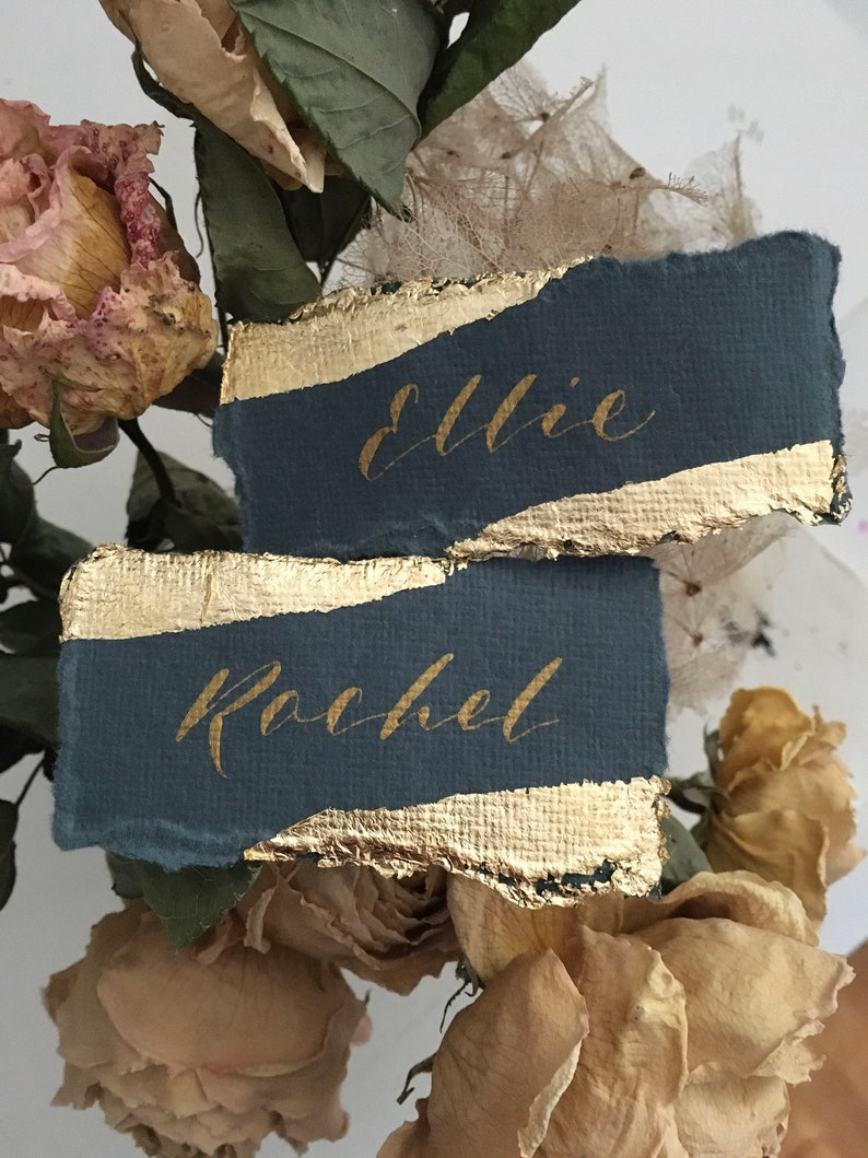 Wedding Place Cards on Green Handmade Paper with Gold Leaf Edges Handwritten Calligraphy Place Cards Name Cards Place Settings image 1