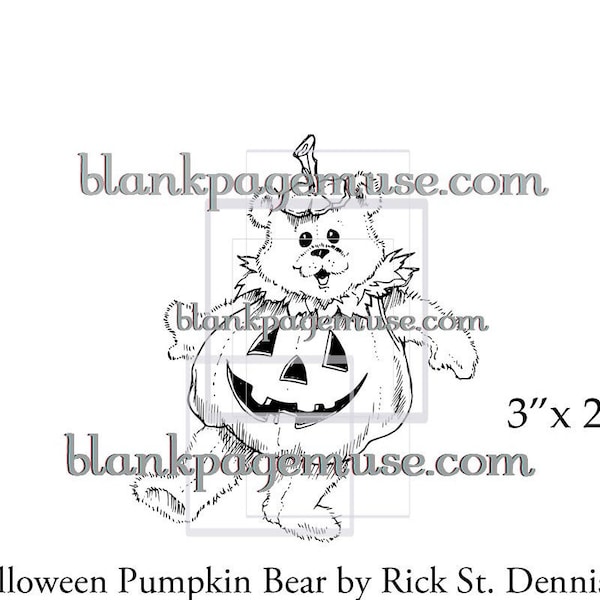 Halloween Pumpkin Costume Bear Art Rubber Stamp Hand Drawn by Rick St Dennis Blank Page Muse Stamps