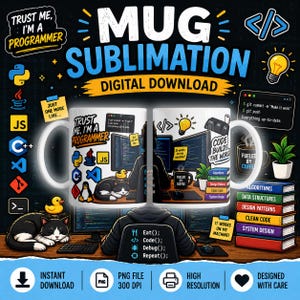 Ontwerp voor een programmeursmok met sublimatieprint - sjabloon voor mokken van 325 ml/445 ml (digitale download)