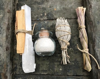 Smudge Kit for cleansing, negativity removal, protection | Witchcraft spells and herb supplies for beginner or starter kits and ritual tools