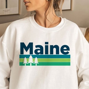 Maine Sweatshirt, Retro Trees Adult Unisex Crewneck Maine Sweatshirt - Personalization Available