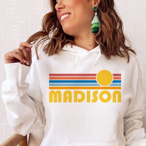 Madison, Wisconsin Hoodie, Retro Sunrise Unisex Madison Hoodie Sweatshirt - Personalization Available