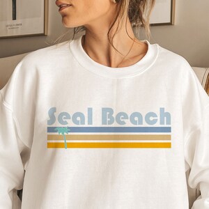 Seal Beach, California Sweatshirt, Retro Palm Tree Adult Unisex Crewneck Seal Beach Sweatshirt - Personalization Available