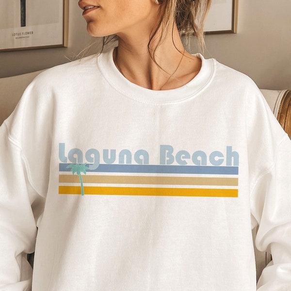 Laguna Beach, California Sweatshirt, Retro Palm Tree Adult Unisex Crewneck Laguna Beach Sweatshirt