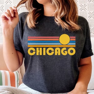 Chicago, Illinois T-Shirt Retro Sunset, Adult Unisex Chicago T Shirt - Personalization Available