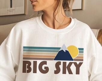 Sudadera Big Sky Montana, cuello redondo unisex con estampado retro de montaña, regalo de Big Sky, estilo vintage, personalización disponible.