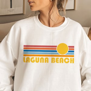 Laguna Beach Crewneck Sweatshirt: Retro Sunrise, California Unisex Fit