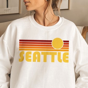 Seattle, Washington Sweatshirt, Unisex Retro Sunrise Crewneck Seattle Sweatshirt - Personalization Available
