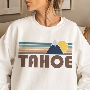 Lake Tahoe Sweatshirt, Fall Retro Mountain Unisex Crewneck Tahoe, California Sweatshirt - Personalization Available