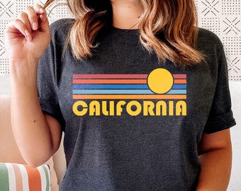 California T-Shirt Retro Sunset, Adult Unisex California T Shirt - Personalization Available