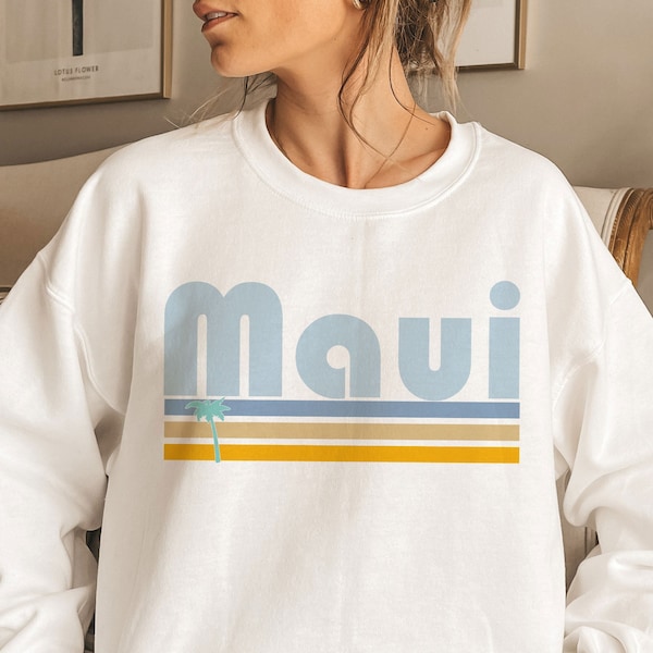 Maui, Hawaii Sweatshirt, Retro Palm Tree Adult Unisex Crewneck Maui Sweatshirt