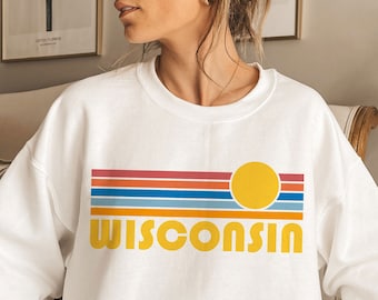 Wisconsin Sweatshirt, Retro Sunset Unisex Wisconsin Sweatshirt - Personalization Available