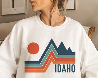 Idaho Sweatshirt, Retro Mountain Unisex Graphic Crewneck, Idaho Gift, Vintage Style, Personalization Available