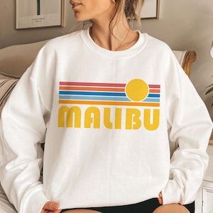 Malibu, California Sweatshirt Crewneck, Retro Sunrise Unisex Malibu Sweatshirt - Personalization Available